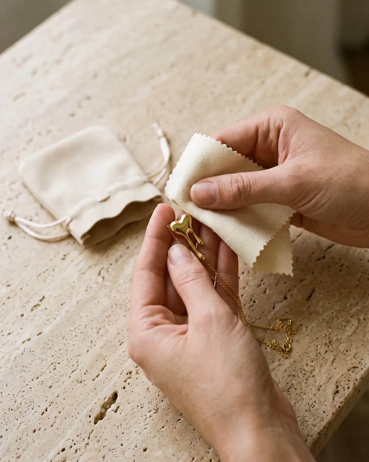 Hands polishing a CHICX gold heart pendant with a soft cloth