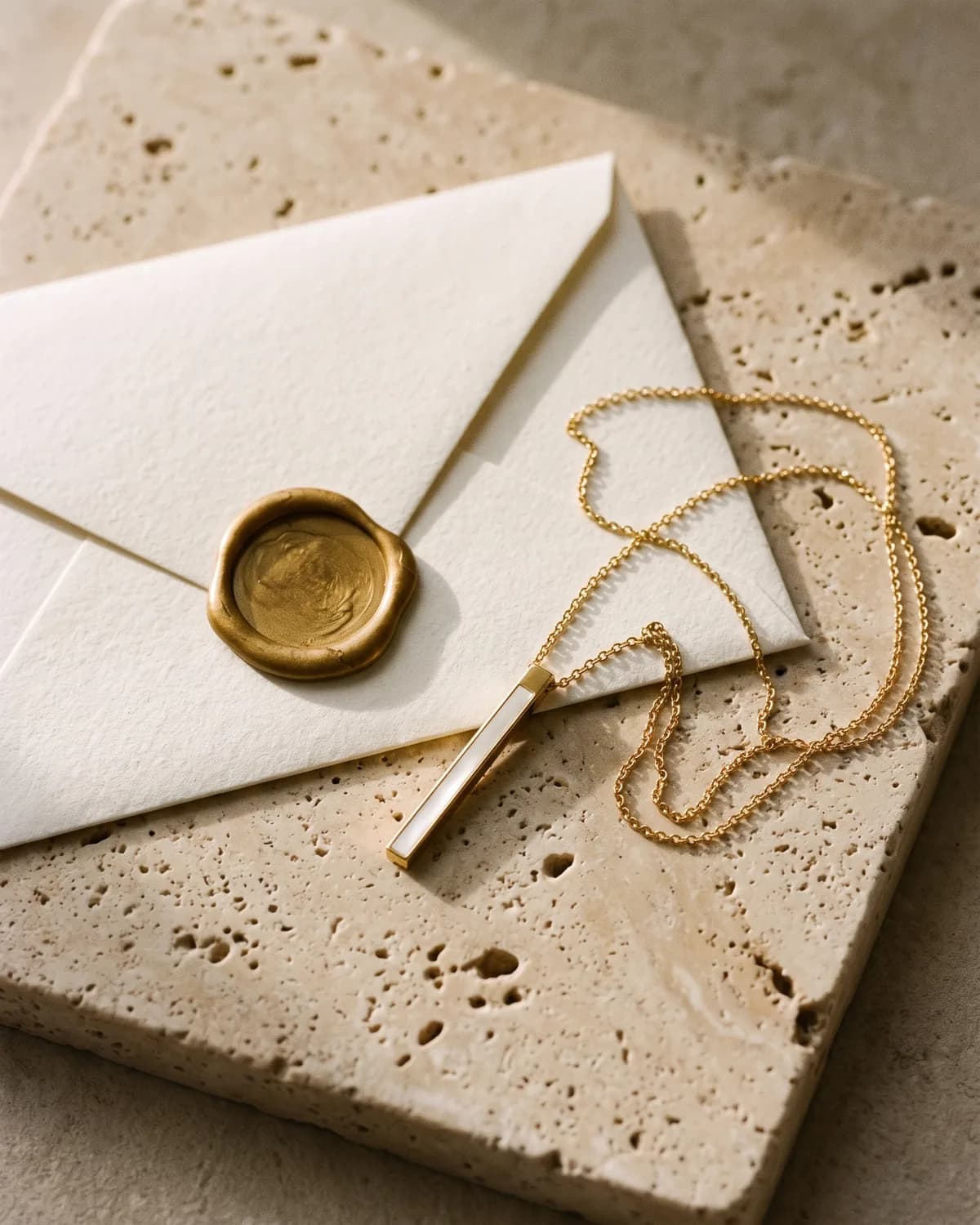 A gold bar pendant resting on a sealed envelope