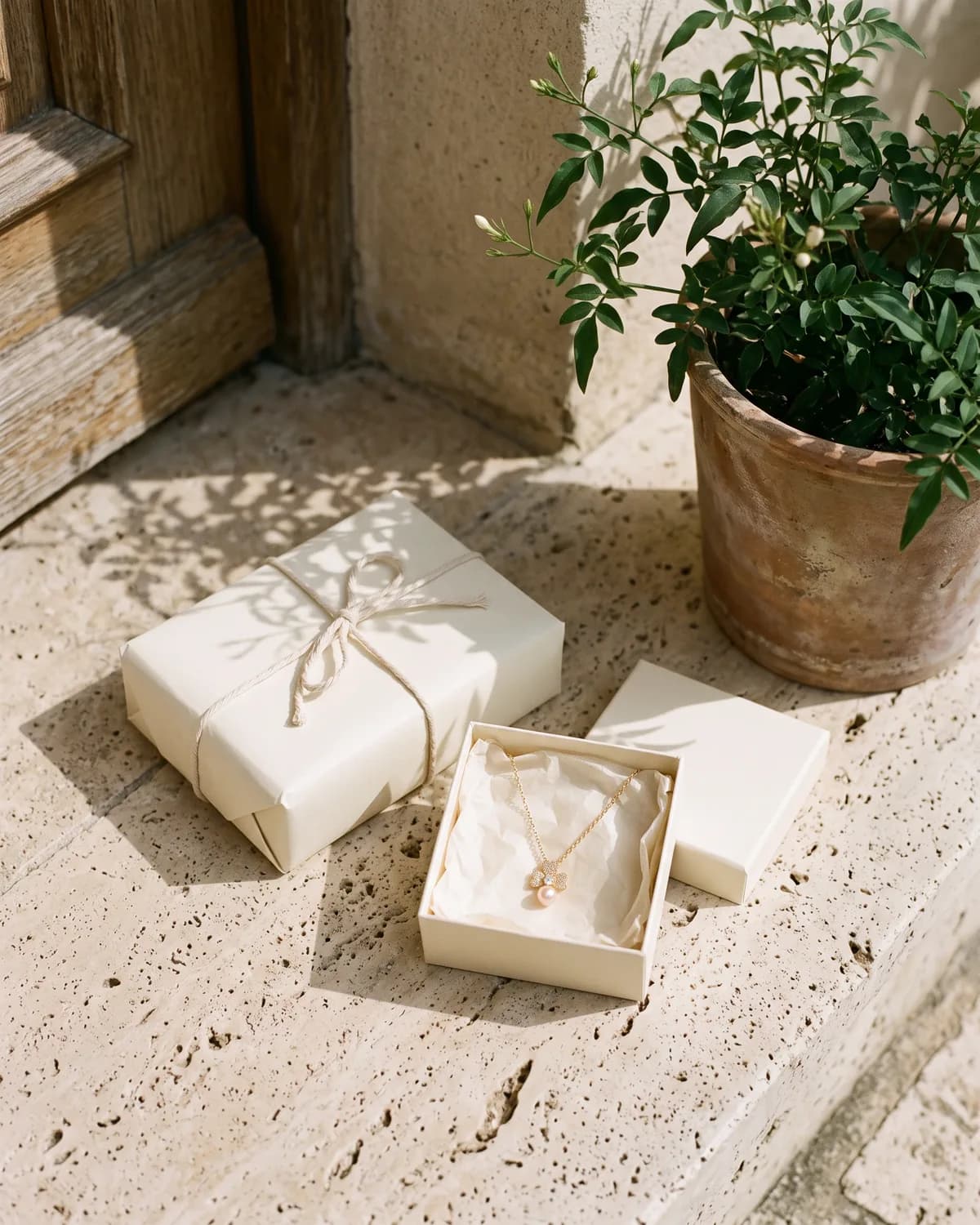 A CHICX parcel wrapped in cream paper on a sunlit doorstep
