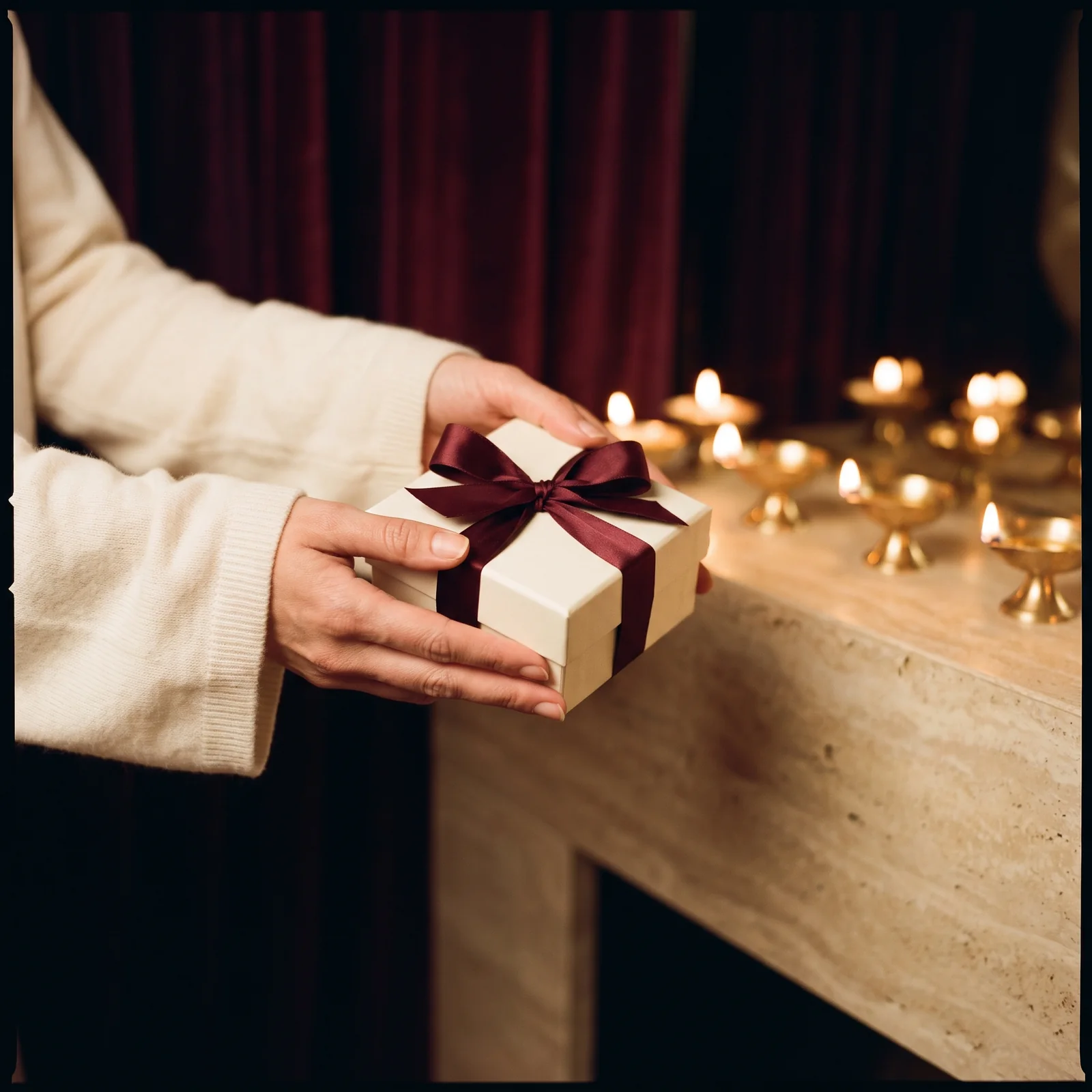 Hands holding out a CHICX gift box with a burgundy ribbon, brass diyas glowing behind