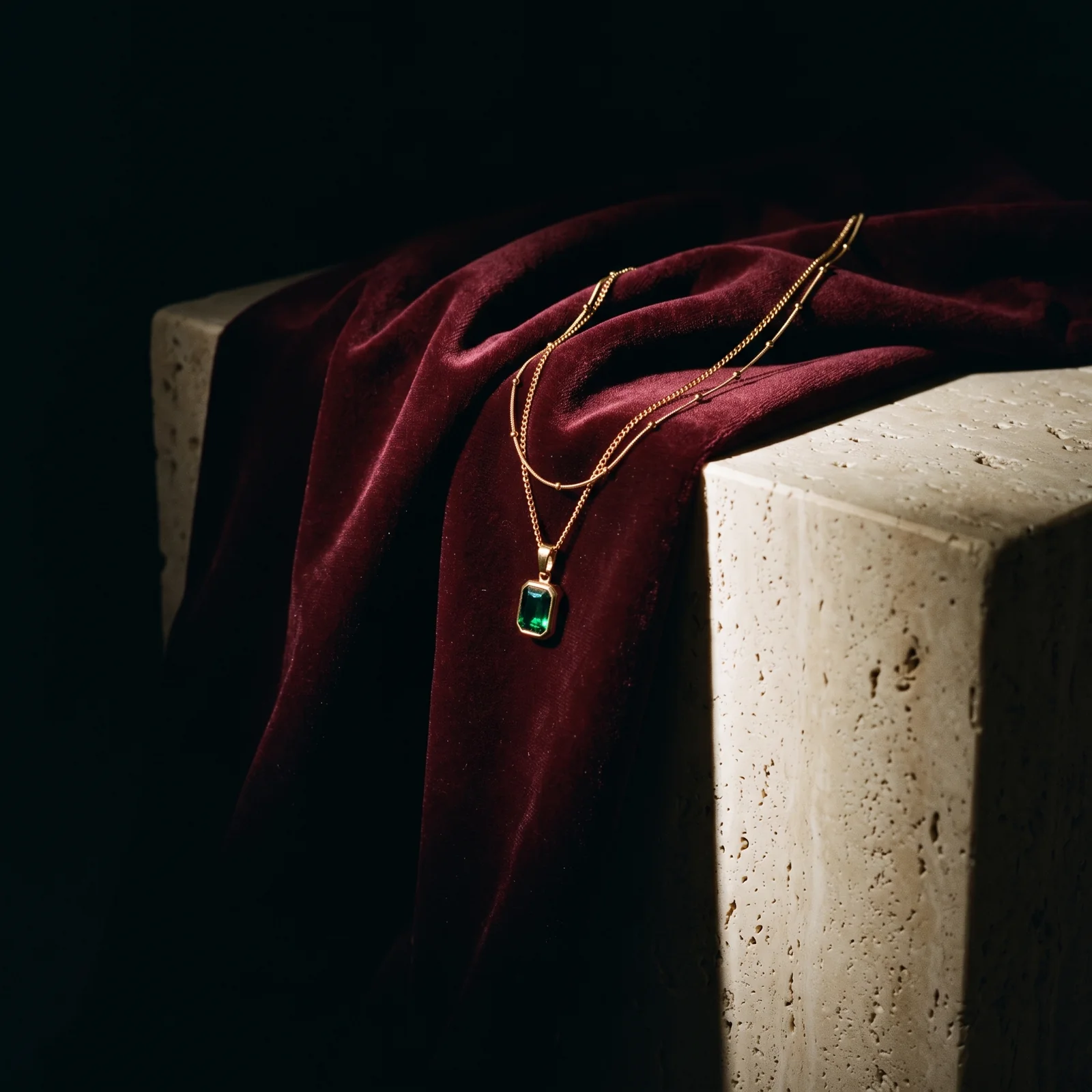 Verdania emerald-green pendant draped over burgundy velvet