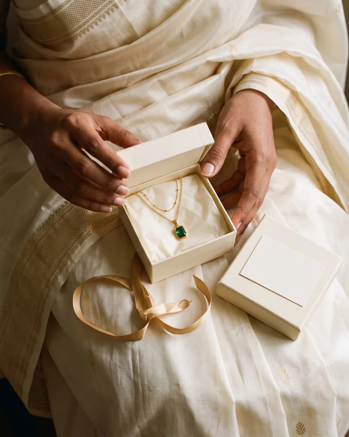 Hands untying a gold ribbon from a CHICX gift box with an emerald pendant inside